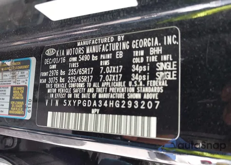 2017 Kia Sorento 2.4L Lx z USA, uszkodzony, nr VIN 5XYPGDA34HG293207